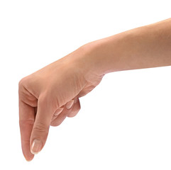 hand model makes hold gesture, isolated on white background