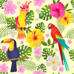 toucan and parrot sits on a flowering branch vector illustration seamless pattern