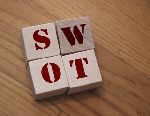 SWOT abbreviation on wooden cubes. Strengths weaknesses opportunities threats. Business startup...
