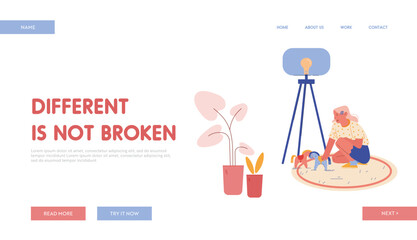 Little Girl Character with Autism Disorder Landing Page Template. Cute Child Sitting on Floor Playing with Horse Toys in Kindergarten or School for Kids with Special Needs. Cartoon Vector Illustration