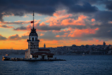Maiden Tower, one of the historical places of Istanbul. Sunset photo.