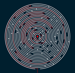 Radial labyrinth maze vector design, children game to play, find way out.