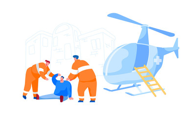 Rescuer Characters in Uniform Help Injured Man on Street for Transporting to Hospital. Emergency Helicopter Ambulance, First Aid Transport for Medical Personnel. Cartoon People Vector Illustration