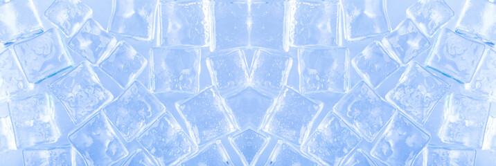 ice cubes cold screen saver, ingredient for cocktails and drinks in the hot season, panoramic image