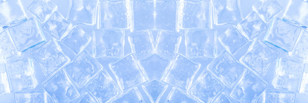 ice cubes cold screen saver, ingredient for cocktails and drinks in the hot season, panoramic image