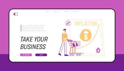 Inflation, Recession and Depreciation Landing Page Template. Depressed Man Customer Character with Shopping Trolley Look at Rising Price Arrow. Financial Crisis, Sale Drop. Linear Vector Illustration