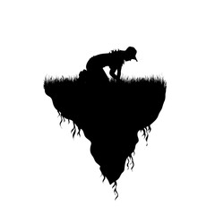 Vector silhouette of piece of land with gardener on white background. Symbol of people and planet.