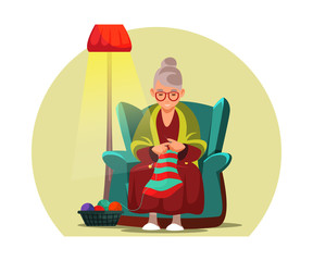 Old woman knitting flat vector illustration. Aged lady, grandmother cartoon character. Granny sitting in armchair with wool thread ball and needles. Leisure activity, retiree making handmade clothes.