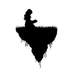 Vector silhouette of piece of land with reading child on white background. Symbol of people and planet.
