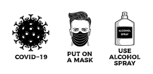 Covid-19 mask alcohol spray white Vector illustration