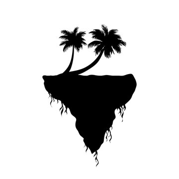 Vector silhouette of piece of land with palm tree on white background. Symbol of nature and planet.