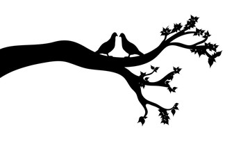 Vector silhouette of branch with couple of birds on white background. Symbol of nature.