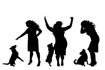 Collection of vector silhouette of anger woman with dog on white background. Symbol of animal abuse.