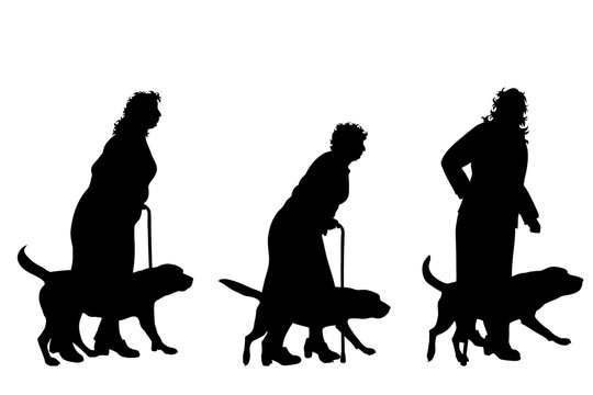 Collection of vector silhouette of old people with dog on white background. Symbol of animal.