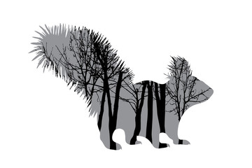 Vector silhouette of squirrel with trees on background. Symbol of forest.