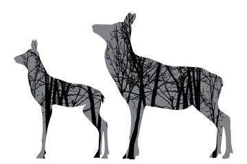 Vector silhouette of hind with young and with trees on background. Symbol of forest.
