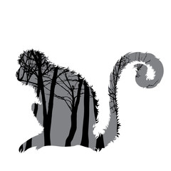 Vector silhouette of monkey with trees on background. Symbol of forest.