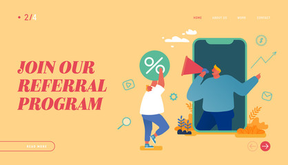 Characters Referral Program Strategy, Network Marketing Landing Page Template. Businessman with Loudspeaker Offer Referring Friends and Invite Business Partners. Cartoon People Vector Illustration