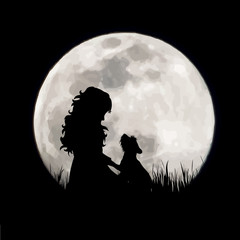Vector silhouette of girl with dog on moon background. Symbol of night.
