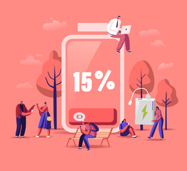 Battery Low Level Concept. Male and Female Characters Charge Devices, Mobile Phones and Gadgets. People Using Smartphones and Laptops Stand and Sit Near Big Accumulator. Cartoon Vector Illustration