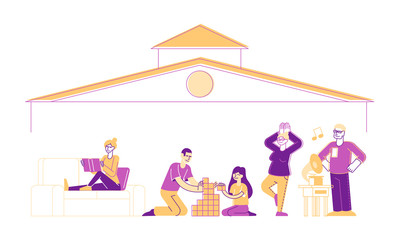 Fototapeta premium Stay Home, Self Isolation Concept. Male and Female Characters Sitting under House Roof Engaging Various Hobby Activities Reading, Playing with Kids, Yoga Exercising. Linear People Vector Illustration