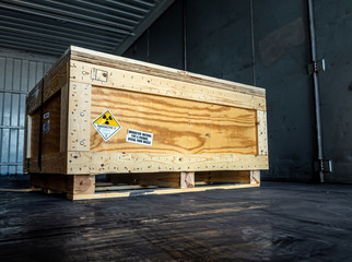 Radiation warning sign transport label Class 7 on the Dangerous goods package type A in the...