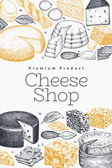 Cheese design template. Hand drawn vector dairy illustration. Engraved style different cheese kinds banner. Vintage food background.