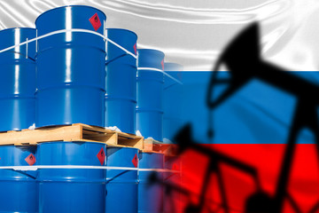 Flag of Russia next to the oil symbols. Concept - exchange of hydrocarbons in Russia. Blue barrels on the background of the flag of Russia. Concept - Moscow influence on the price of oil. Hydrocarbon