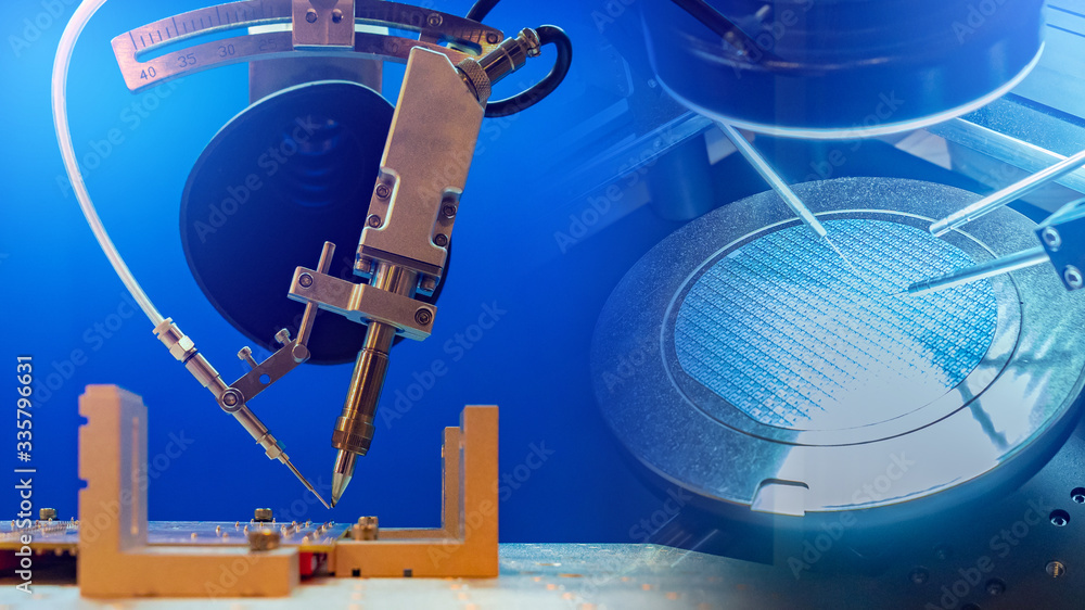 Poster pcb. automated chip manufacturing. equipment for testing microchips. check pcb in the lab. equipment