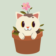 The character of cute cat sitting in the plant pot with the pink flower on the green background. The character of cute cat playing with plant pot. The character of cute cat in flat vector style.