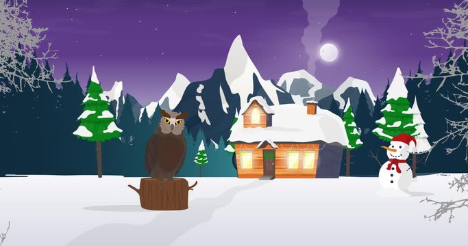 Winter in the forest. House in a snowy coniferous forest. Forest, trees, cottage, owl, deer, sniger.