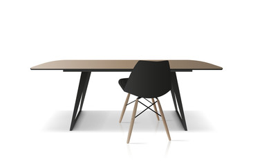 Modern table and chair in the loft style. A table with a wooden tabletop and black legs. Black armchair. Isolated. Vector.