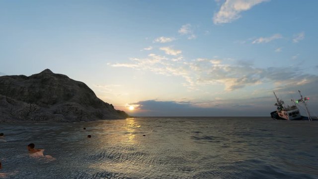 Sinking ship at sunset and crew swimming to shore, 4K