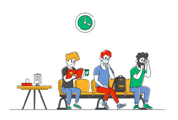 Health Care and Medicine Concept. Male and Female Patients Characters Waiting Doctor Appointment in Hospital Hallway. Sick People Sitting in Clinic Corridor for Therapist. Linear Vector Illustration