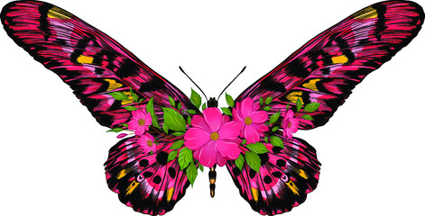butterfly tropical pink and crimson flowers bouquet vector illustration