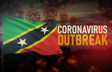 Coronavirus COVID-19 outbreak concept with flag of Saint Kitts and Nevis. Pandemic 3D illustration.