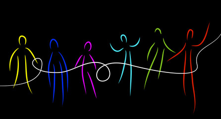 connect the people concept, crowd of vivid colored people connected with one white line, communication creative contemporary idea,