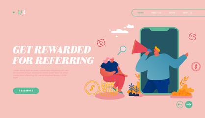 Referral Program Landing Page Template. Characters Invite Friends, Earn Prize and Discount. Woman Sitting on Money Pile Listen Man with Megaphone on Mobile Screen. Cartoon People Vector Illustration