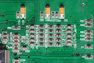 circuit board, microchip, closeup, green color. Technological illustration