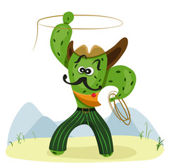 Funny cactus - cowboy hand drawn vector illustration. Cartoon character. Desert plant on white background. Childish t shirt print design.