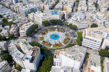 Corona Virus lockdown, Tel Aviv Dizengoff square, Aerial view or the square and surrounding buildings during Government lockdown guidelines.