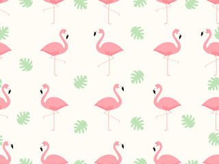 Trendy tropical seamless pattern with pink flamingos on light background. Exotic art design for fabric and wallpaper.