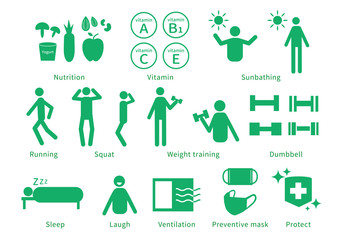 免疫 上昇 アップ 上げる 栄養 ビタミン 日光浴 運動 マスク 対策 アイコン ベクター AI eps 素材