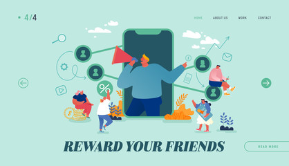 Fototapeta premium Referral Program Landing Page Template. Salesman Character Shouting to Megaphone Attracting Audience to Refer Friends. People Connected with Internet Relationship Network. Cartoon Vector Illustration