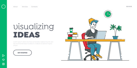 Remote Freelance Work Landing Page Template. Man Freelancer Sitting in Armchair Working Distant on Laptop. Creative Employee Programmer or Designer Character Work at Home. Linear Vector Illustration