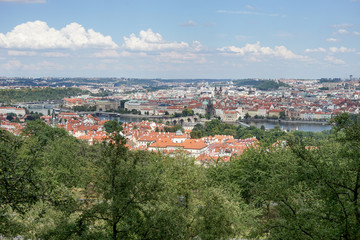Fototapeta na wymiar Panorama of Prague with the Vltava, the bridges and the old town