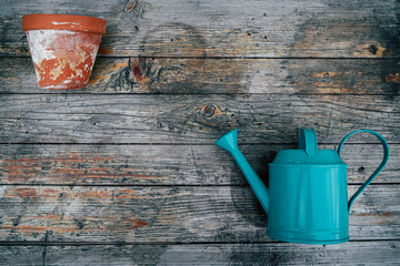 Obraz premium Copy space with flower pot and watering can on wood