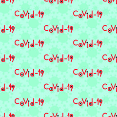 Pandemic coronavirus epidemic COVID-19. Seamless medical pattern with virus molecules on the surface and the inscription text in English on a blue background