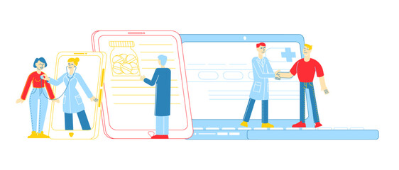 Distant Online Medicine Consultation, Smart Medical Technologies. Doctors Characters Communicate with Patients through Computer or Mobile Phone from Hospital Cabinet. Linear People Vector Illustration