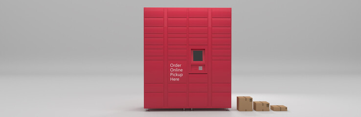 Order online service delivery pickup self-service locker, grocery, parcel delivery shipping, distribution, drop off and hub banner 3D rendering © videotrinkets